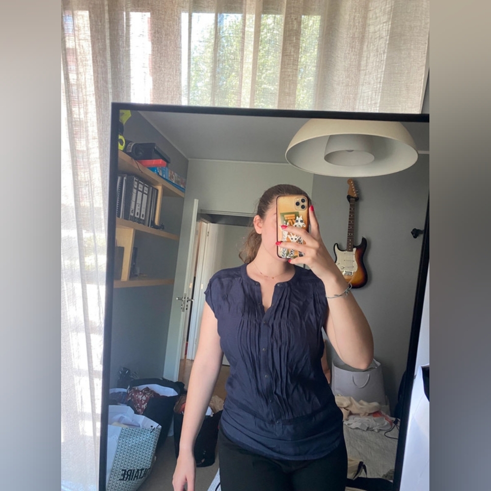 Women's Navy Blue Short sleeve buttons Top